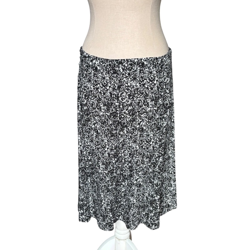 Vtg Womens Black White Floral Rose Print A-Line Midi Skirt Sz 14 Cottagecore 90s